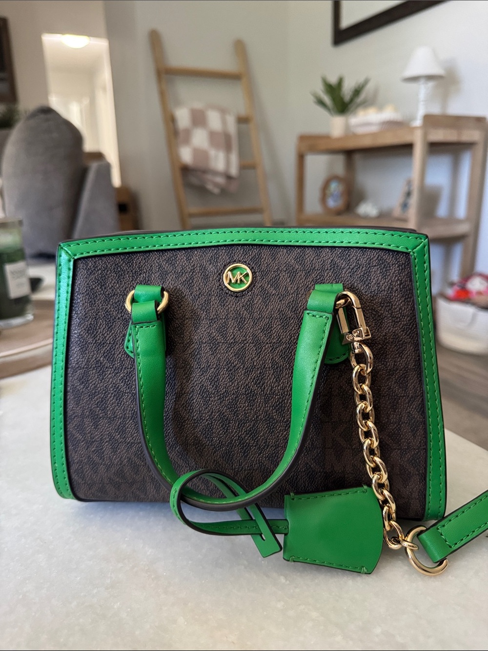 Michael Kors Brown Logo Satchel with Green Trim